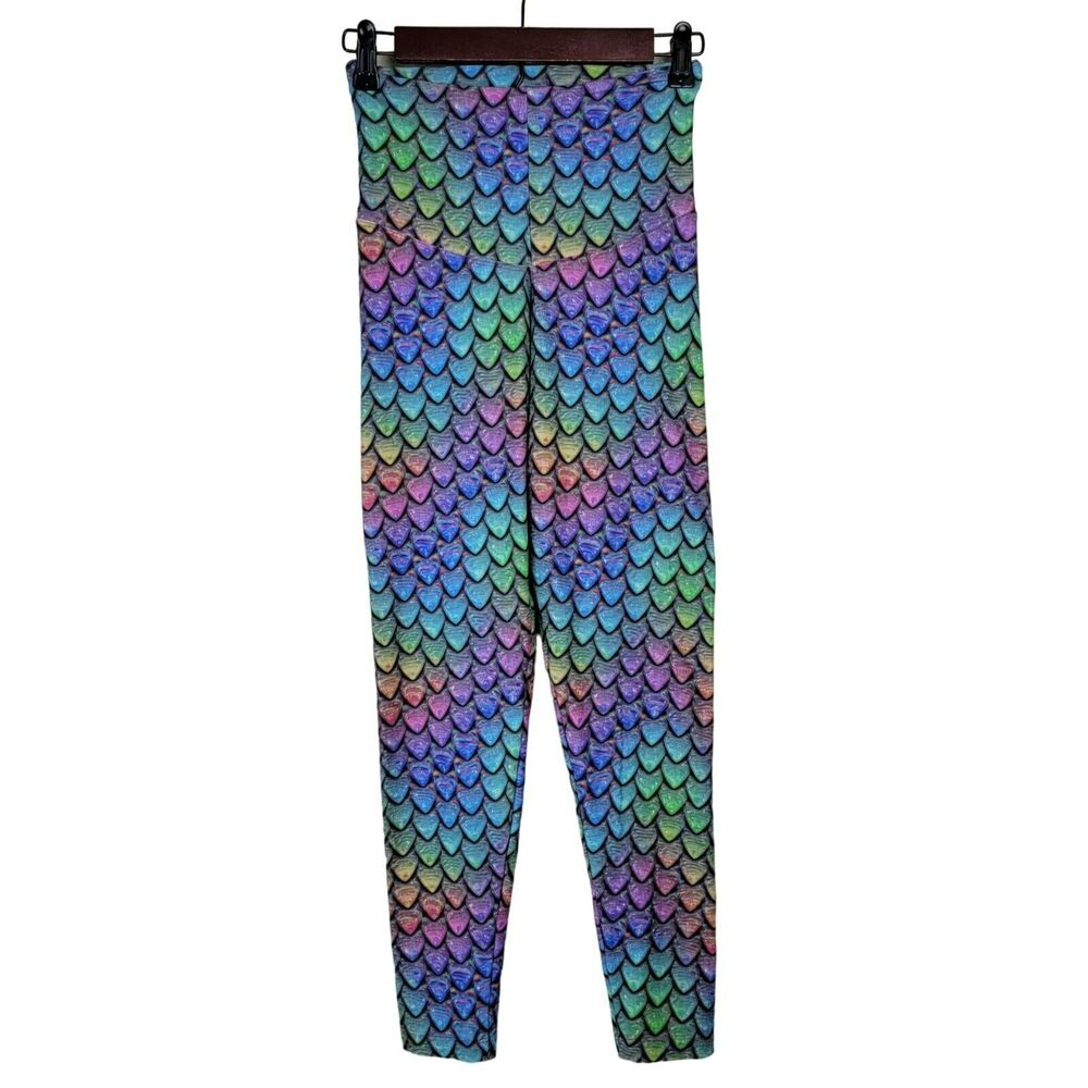 Mermaid Fish Scale Leggings Womens Sz XS Rainbow High Rise Multicolor Knit Pants